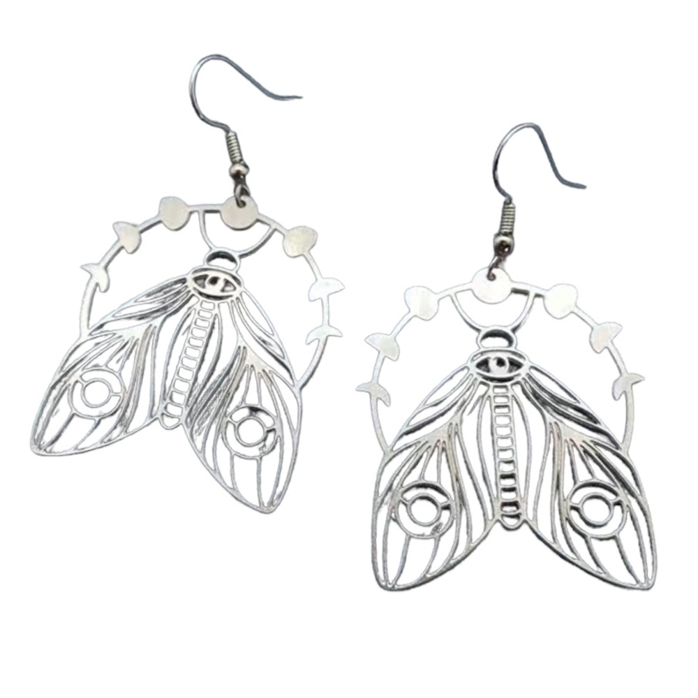 Silver Moth with Moon Phase Cutout Drop Earrings